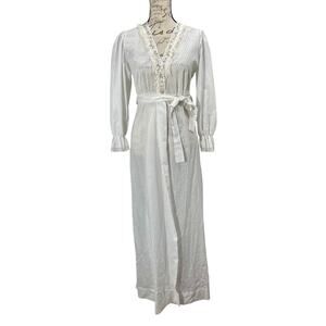 Vintage 80s White Nightflower Floral Embroidered Lace Trim House Robe Size Small